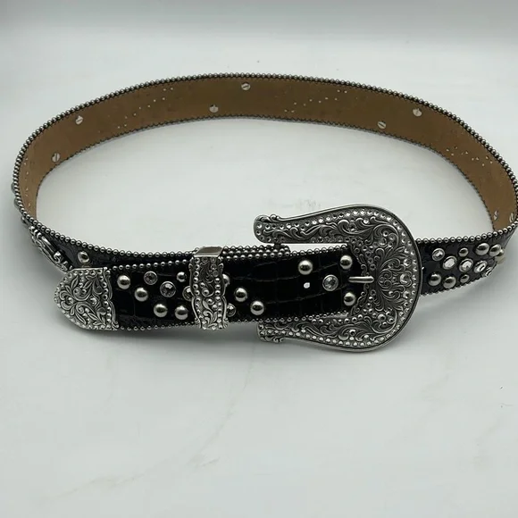 Justin Leather Western Statement Belt Silver Crystals Studs Brown Sz 34 Justin Leather Western Statement Belt Silver Crystals Studs  main image 4